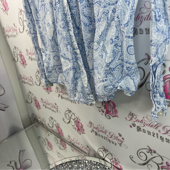 Eddie Bauer long sleeve pleated white Light Blue Paisley Shirt floral button up - Picture 3 of 12